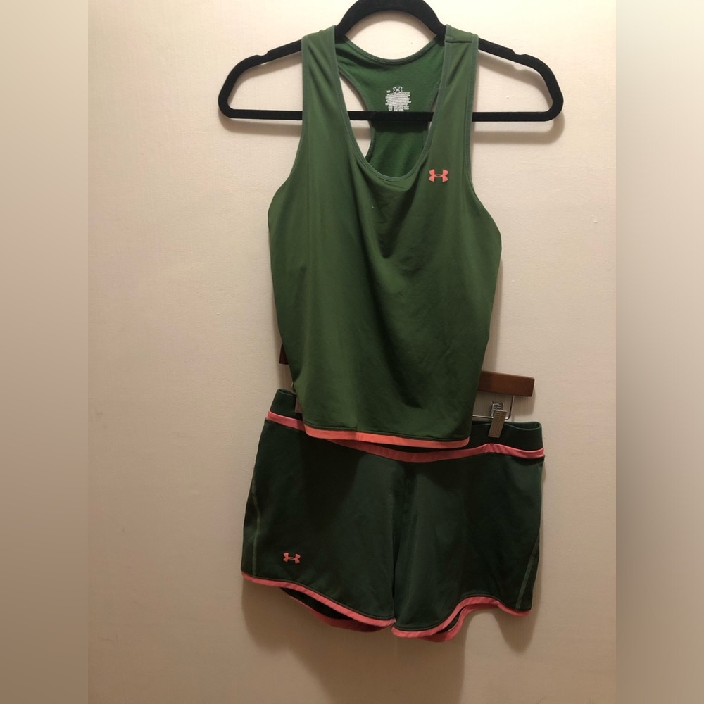 Under Armour Green Racerback Tank and Shorts Set with Pink Trim